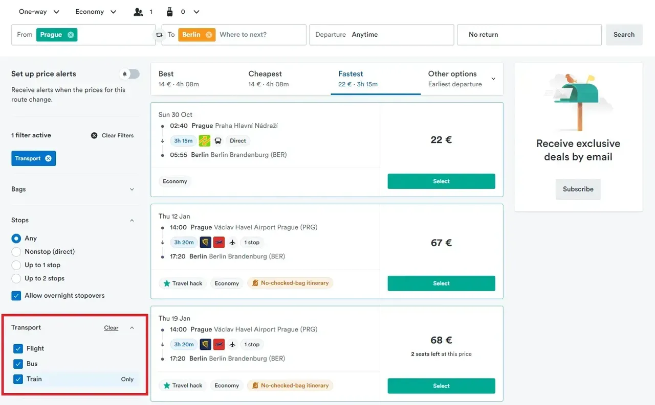 Kiwi.com search results page with multimodal travel filter on and highlighed