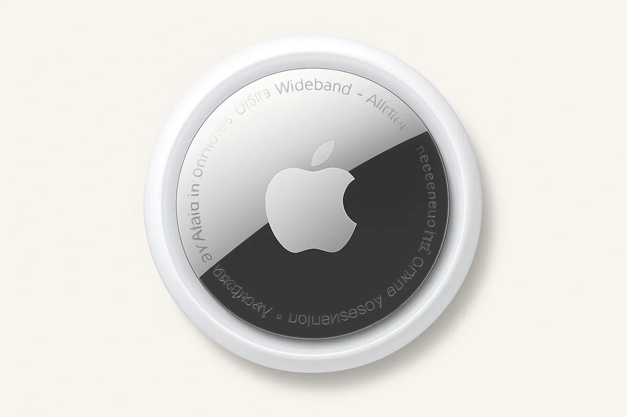 Close-up of an Apple AirTag, a small circular tracking device with a white rim and metallic center featuring the Apple logo