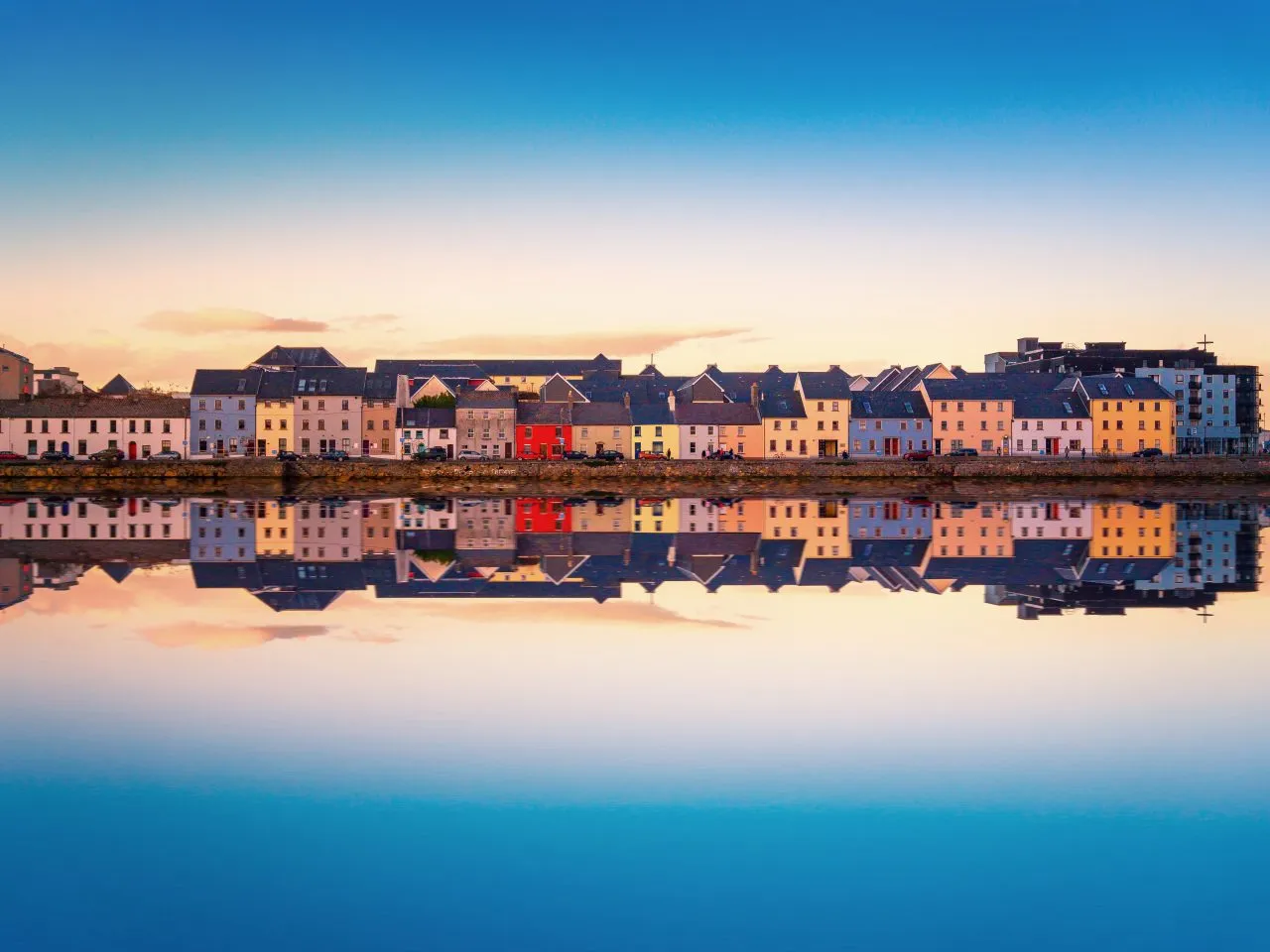 Beautiful panoramic sunset view over The Claddagh Galway in Galway city, Ireland