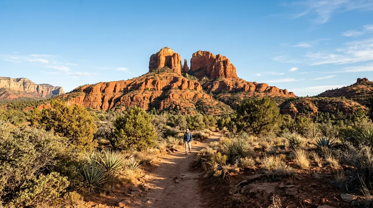 Sedona Arizona red rock landscape in November: Cathedral Rock formation under a clear blue sky