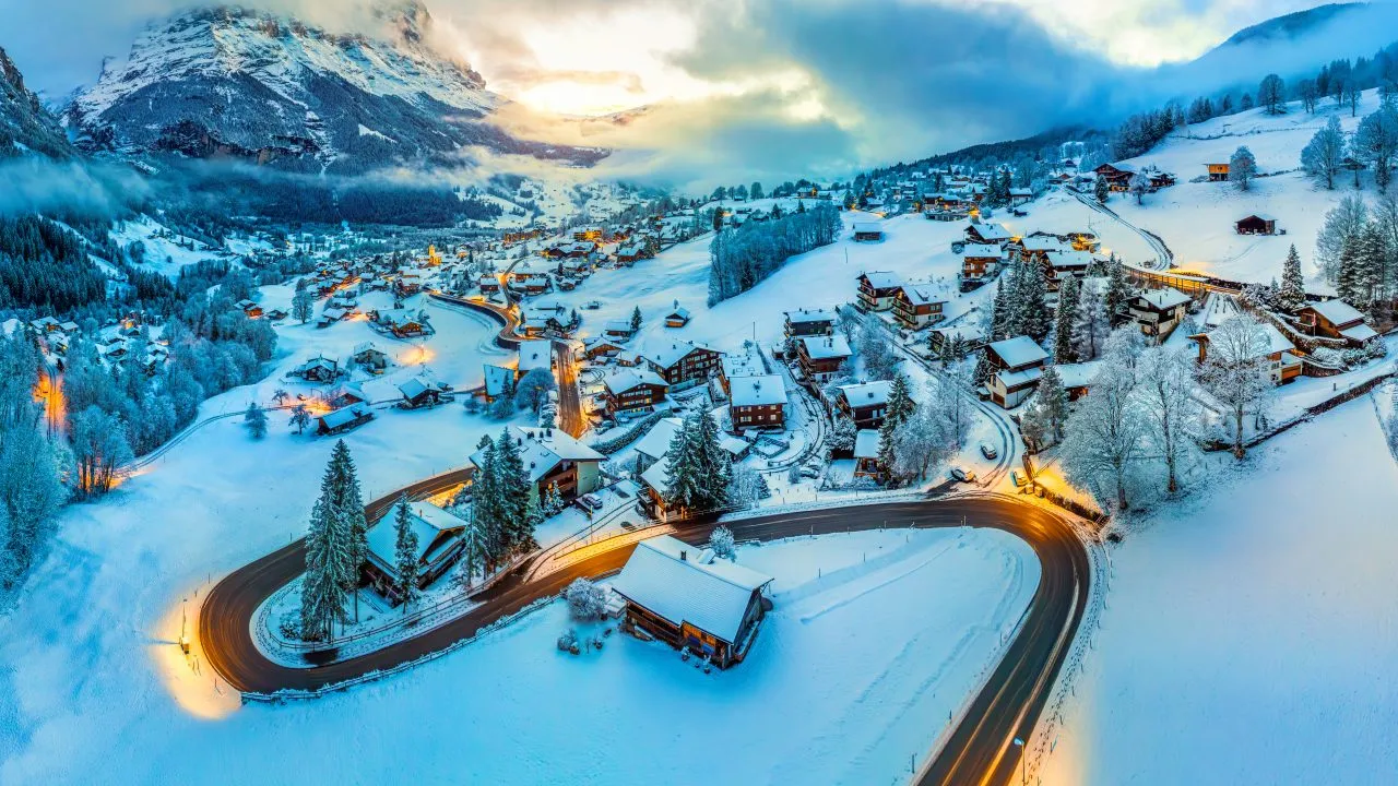 Panorama of Grindelwald at twilight in winter, Switzerland.