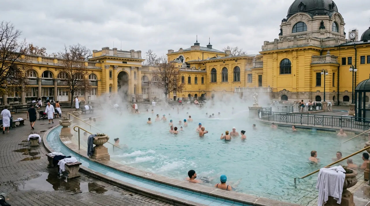 Budapest’s Széchenyi thermal baths in November: steaming outdoor pools in a yellow neo-baroque building