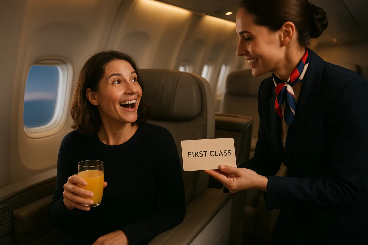 A smiling woman holding a glass of orange juice sits in a first-class airplane seat as a flight attendant presents her with a card labeled “First Class.”