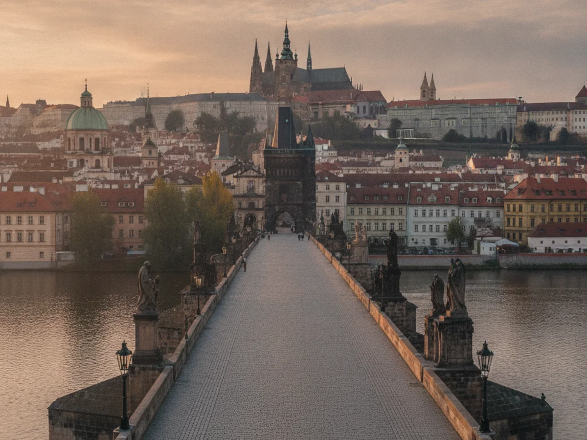 The Charles Bridge and castle skyline of Prague at soft sunrise, historic towers reflected over the river