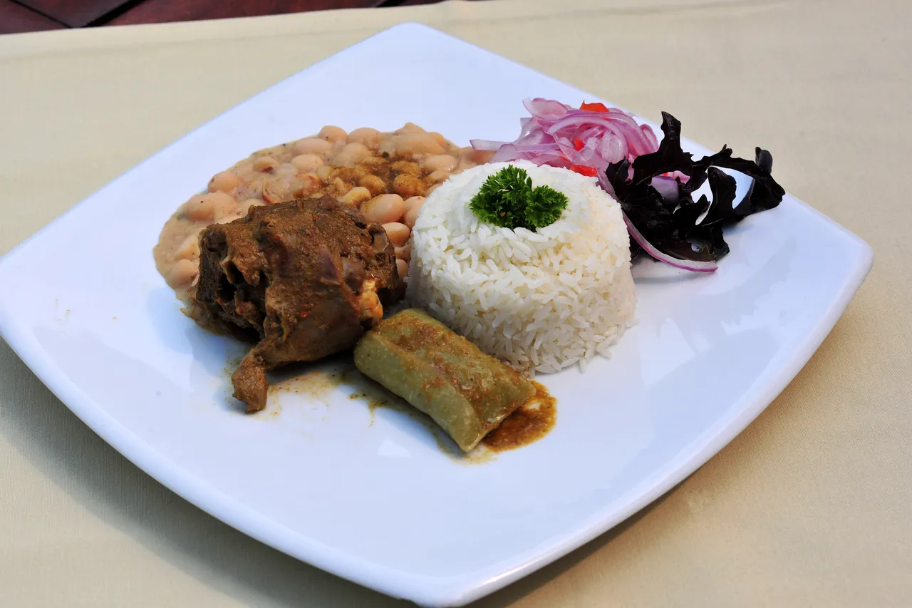 Pyszne peruwiańskie jedzenie – kozina – gotowana z ryżem chili i cebulą