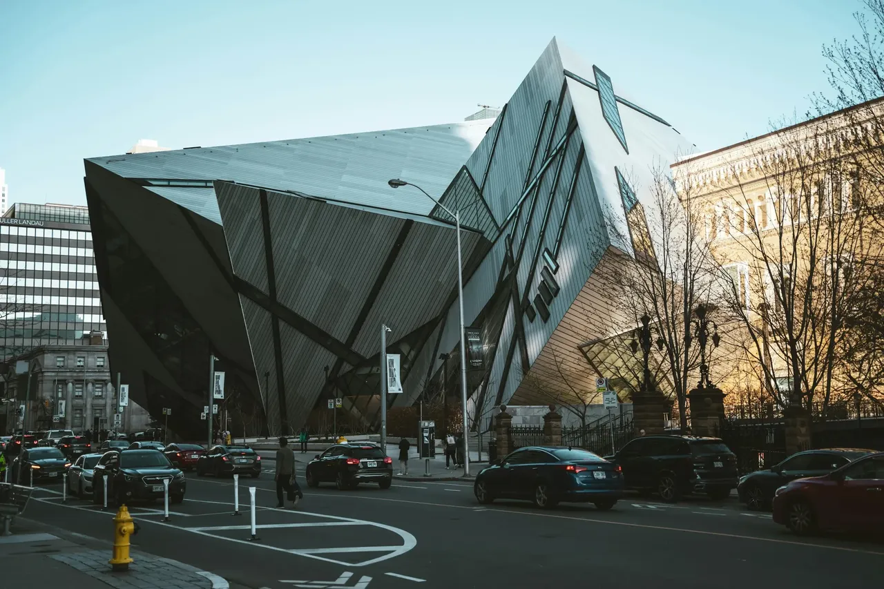 The modern architecture of the Royal Ontario Museum, with its striking crystal-like facade