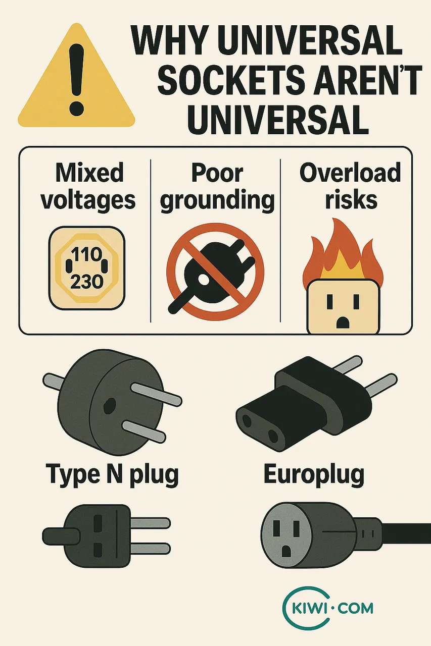 infographic on why universal sockets aren’t universal Think universal sockets work everywhere? Think again! Plug types and voltages vary more than you think © Kiwi.com