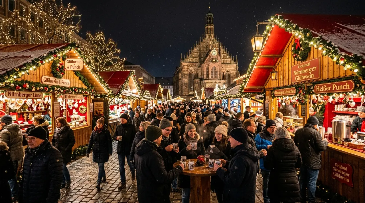 A European Christmas market at night: stalls with warm lights, mulled wine, and twinkling decorations