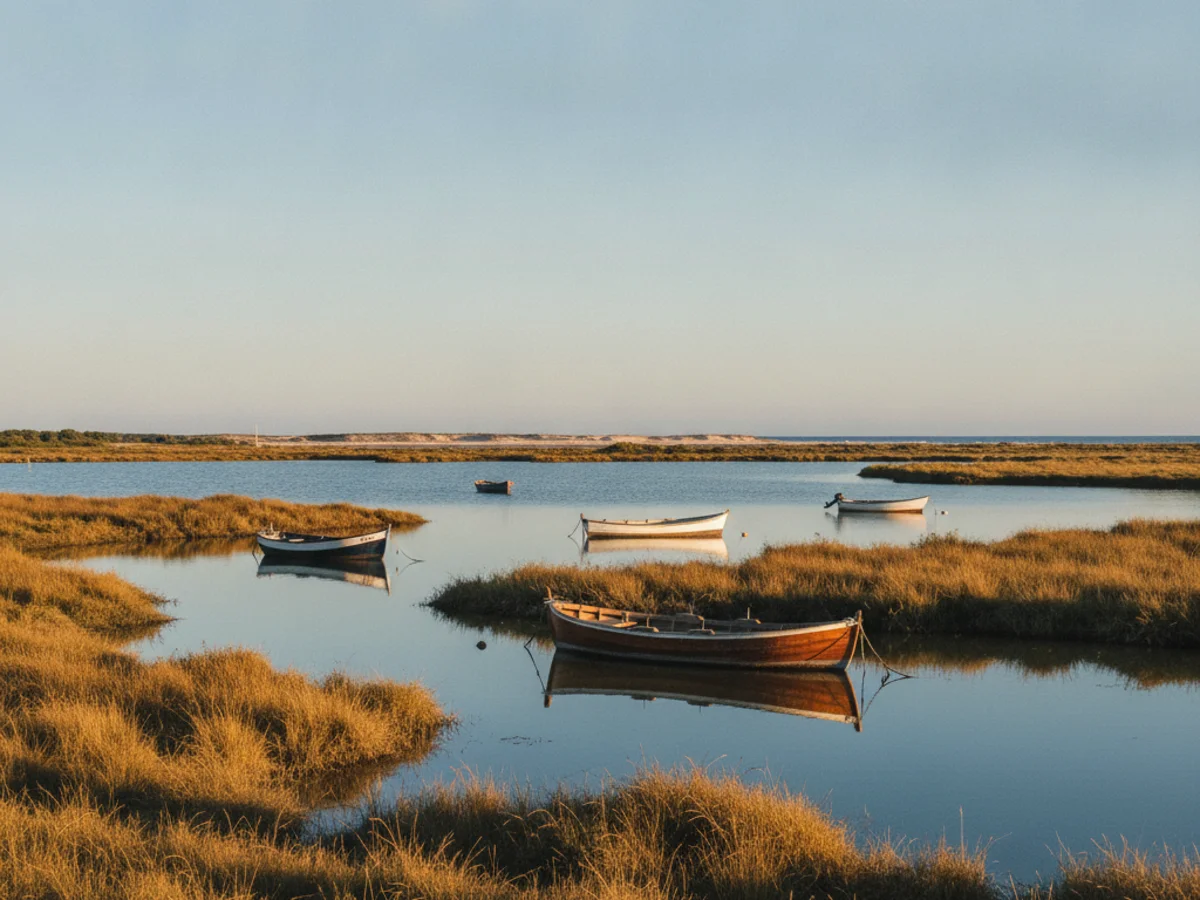 Small boats moored in the calm waters of the Ria Formosa lagoon near Faro at golden hour