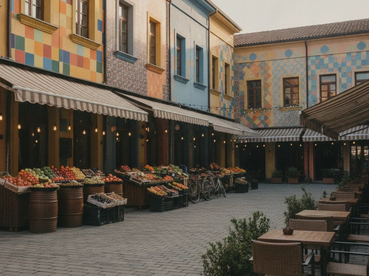 The colourful New Bazaar market area in Tirana with food stalls, cafes and buildings painted in bright patterns