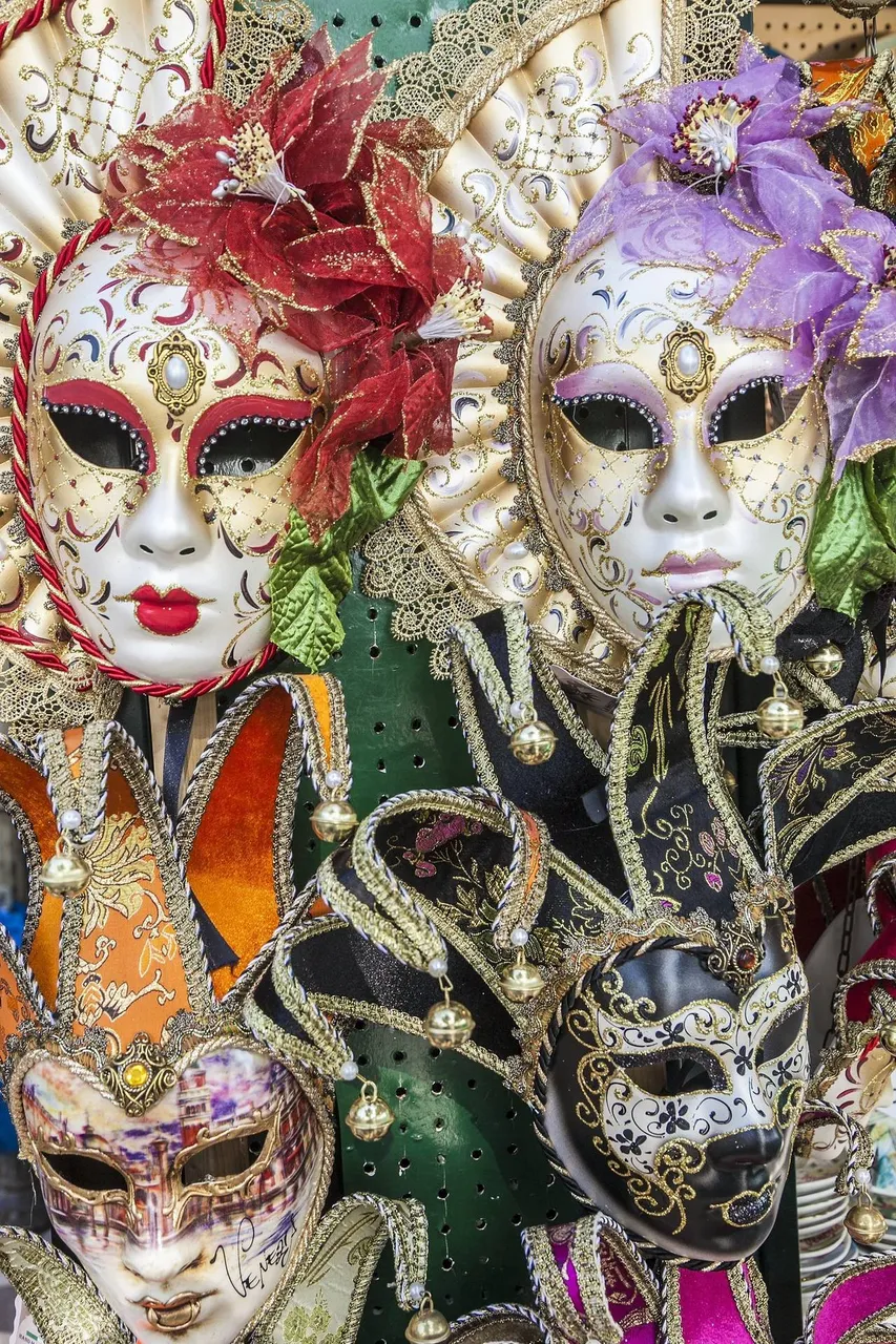 A collection of colorful and intricately designed Venetian carnival masks