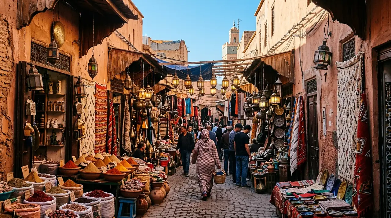 The Marrakech medina in November: warm light on souk alleyways with lanterns and spices