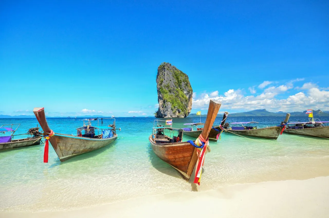 Long tailed boat Ruea Hang Yao park at sea in Phuket, Thailand