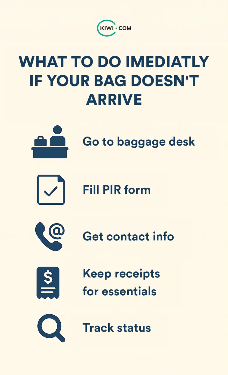 Infographic with beige background and navy icons, titled “What to Do Immediately if Your Bag Doesn’t Arrive.” It shows five steps with matching icons: baggage desk, PIR form, contact info, receipts, and tracking status.