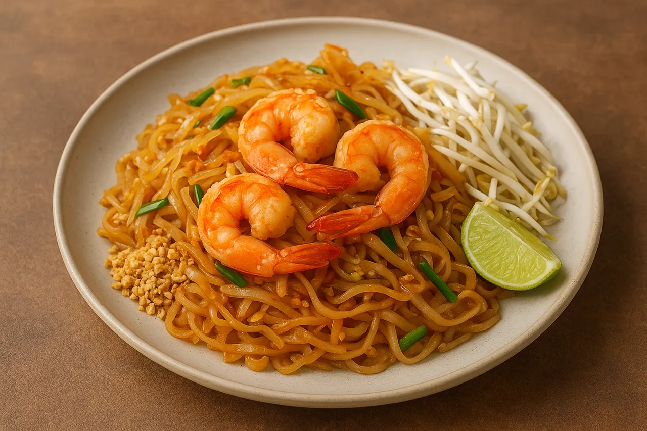 A plate of shrimp Pad Thai with rice noodles, bean sprouts, crushed peanuts, green onions, and a lime wedge