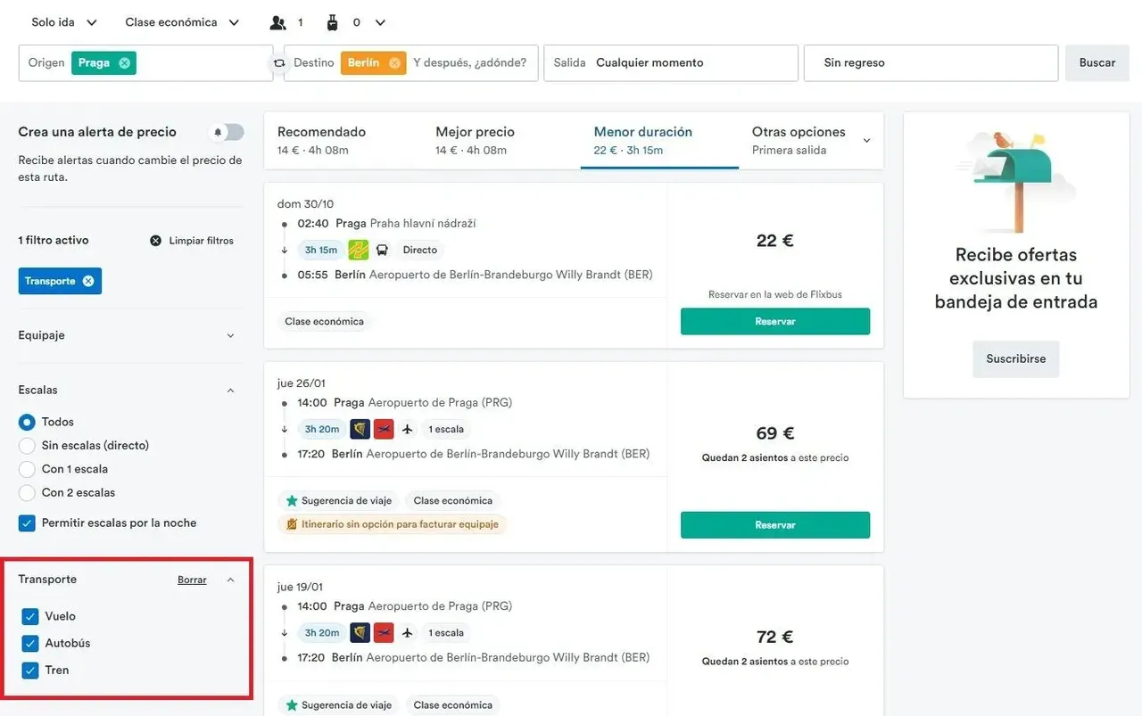 Kiwi.com search results page with multimodal travel filter on and highlighed