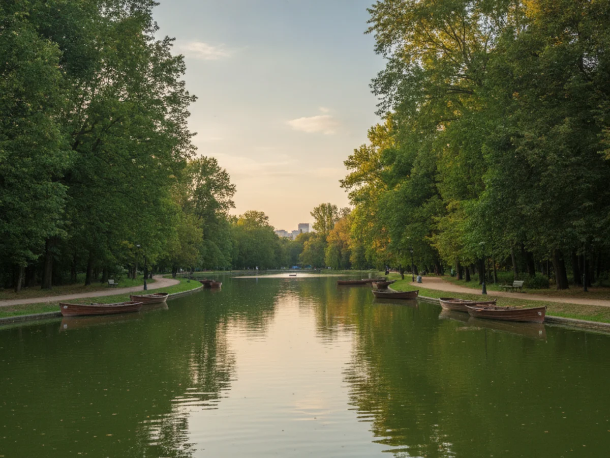 The calm lake at Herastrau Park in Bucharest with rowing boats and green tree-lined walking paths