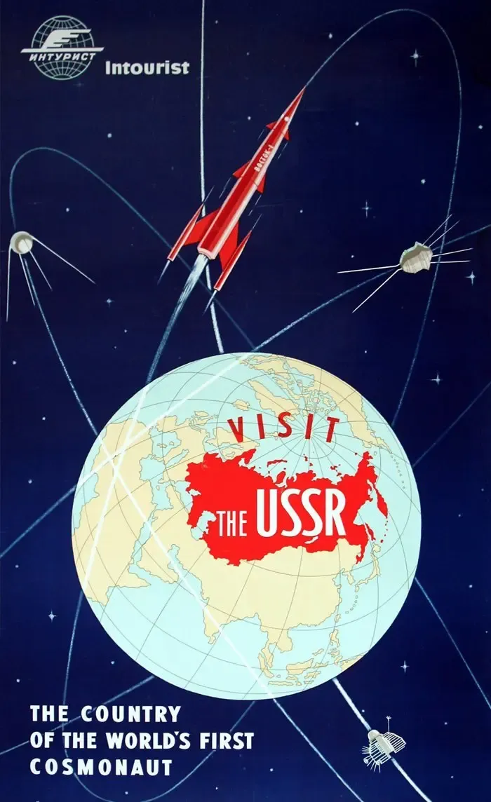 The futuristic posters created by Intourist’s featured tours to the Soviet Union and was utterly in keeping with the style used by American designers of the time — Intourist selling