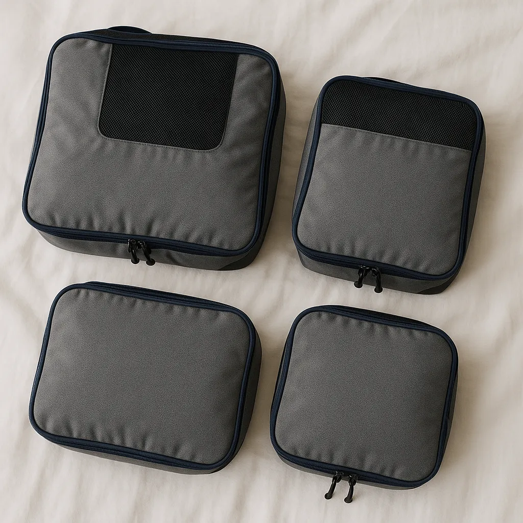 Four gray packing cubes of different sizes neatly arranged on a bed, showing an organized travel packing setup.
