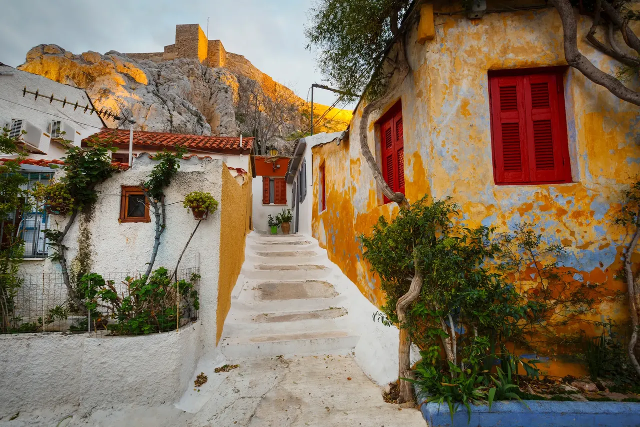 Anafiotika neighborhood and Acropolis in the old town of Athens, Greece.