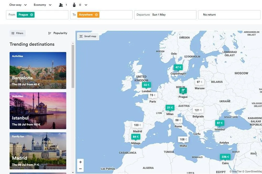 The ‘Anywhere’ search interface on Kiwi.com