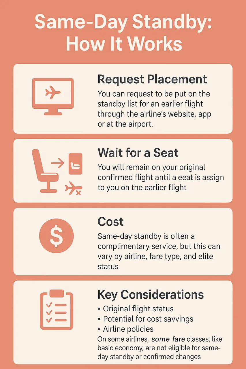 An infographic titled “Same-Day Standby: How It Works” visually explains the process of airline same-day standby using icons and short descriptions. It includes four sections: Request Placement, Wait for a Seat, Cost, and Key Considerations. Each section is represented with a matching icon and brief explanatory text on a coral and beige color palette.
