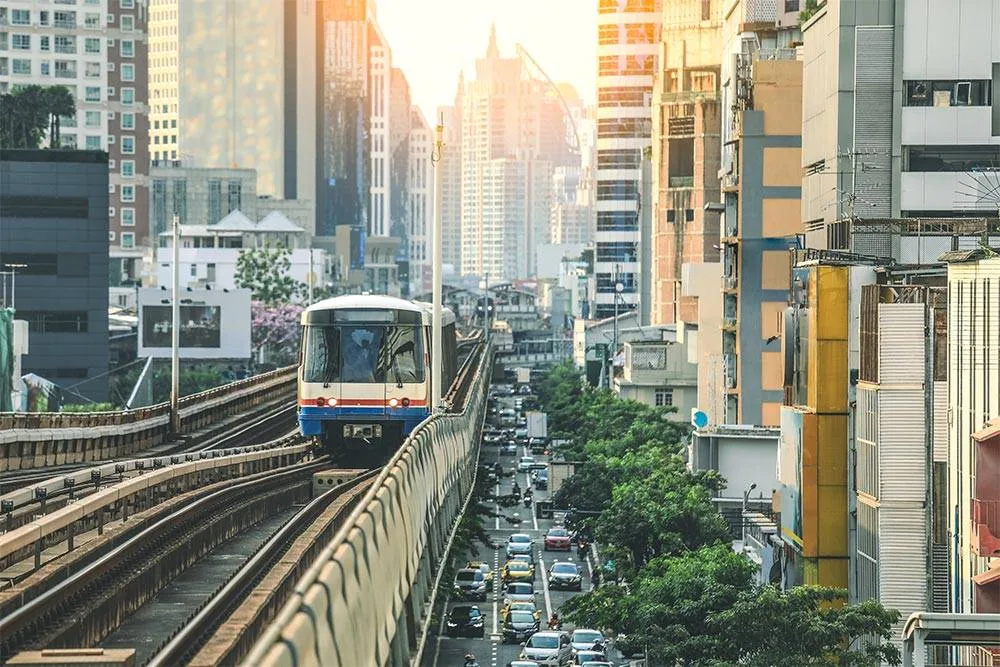Sky Train is running in downtown of Bangkok