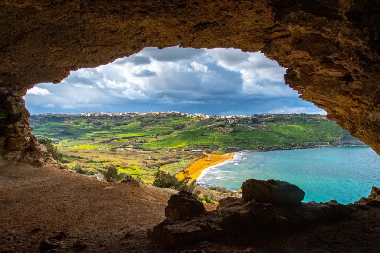 Scenic view of sea seen through cave,Gozo,Malta