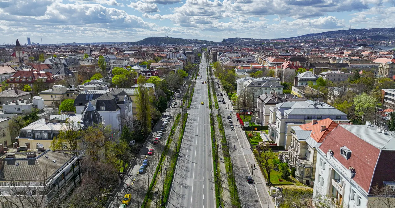 Aerial Budapest city view and Andrassy Street