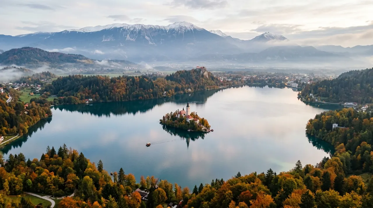 Aerial view of Lake Bled in Slovenia with the island church and cliff-top castle, surrounded by autumn forest