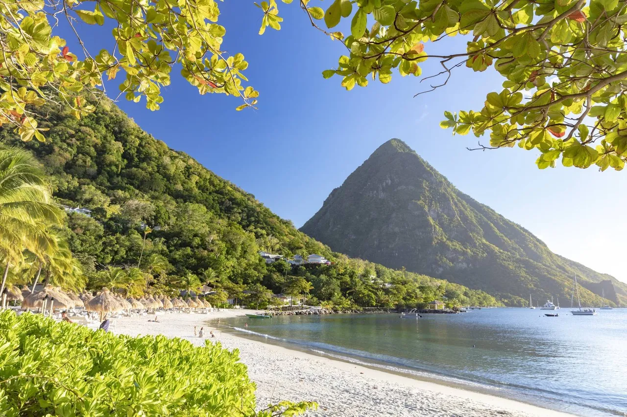 A pristine beach with white sand, lush green hills, and a towering mountain in the background, framed by tropical leaves