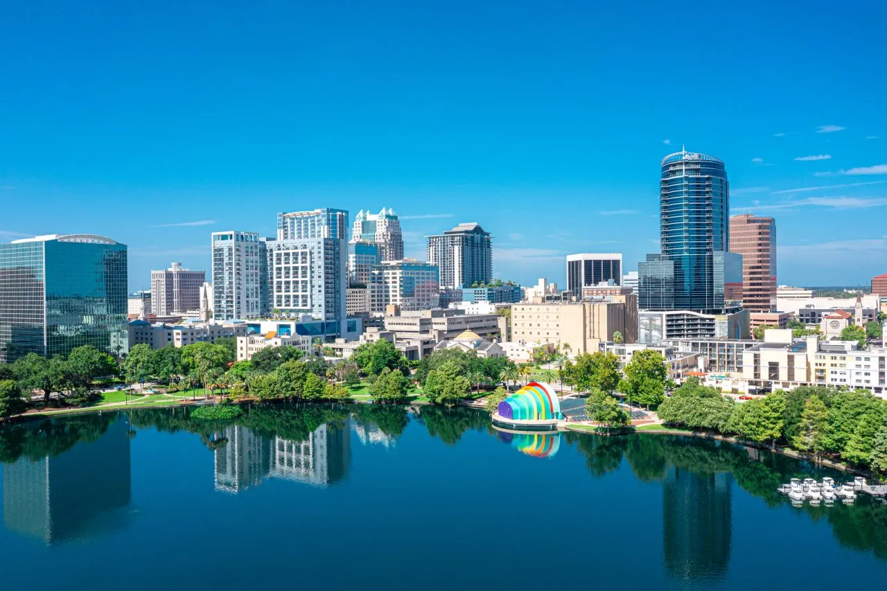 Orlando, Florida Skyline Aerial, high rise buildings, water, lake, nature, city, park