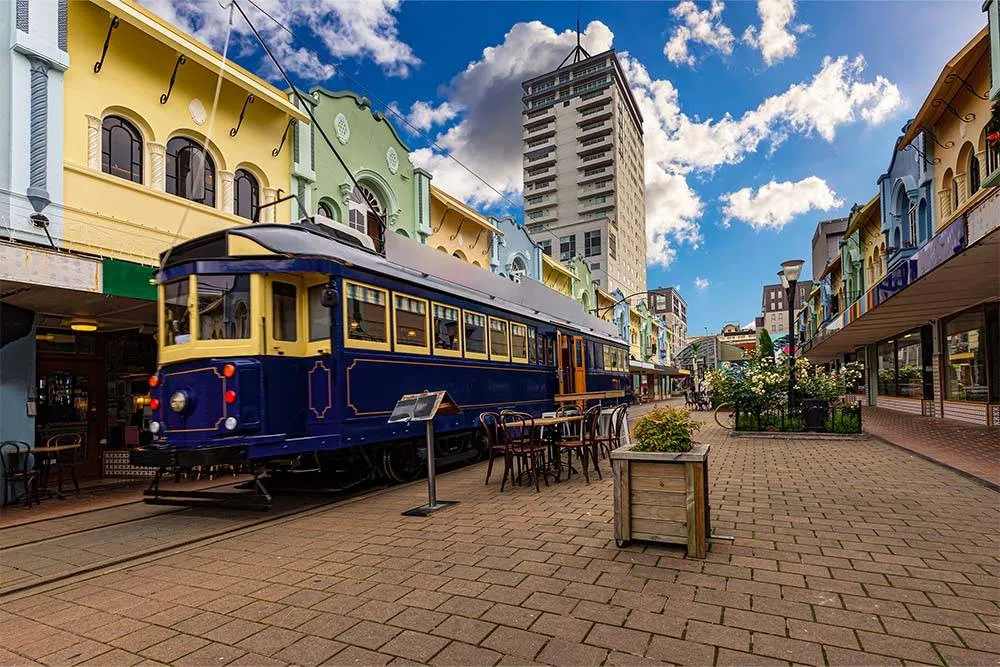 Tram on New Regent Street in Christchurch — Shutterstock
