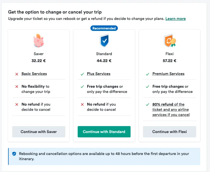 Kiwi.com’s types of flexible flight tickets