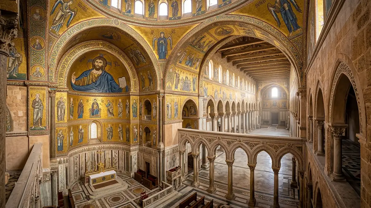 Zlaté byzantské mozaiky v apsidě katedrály v Monreale