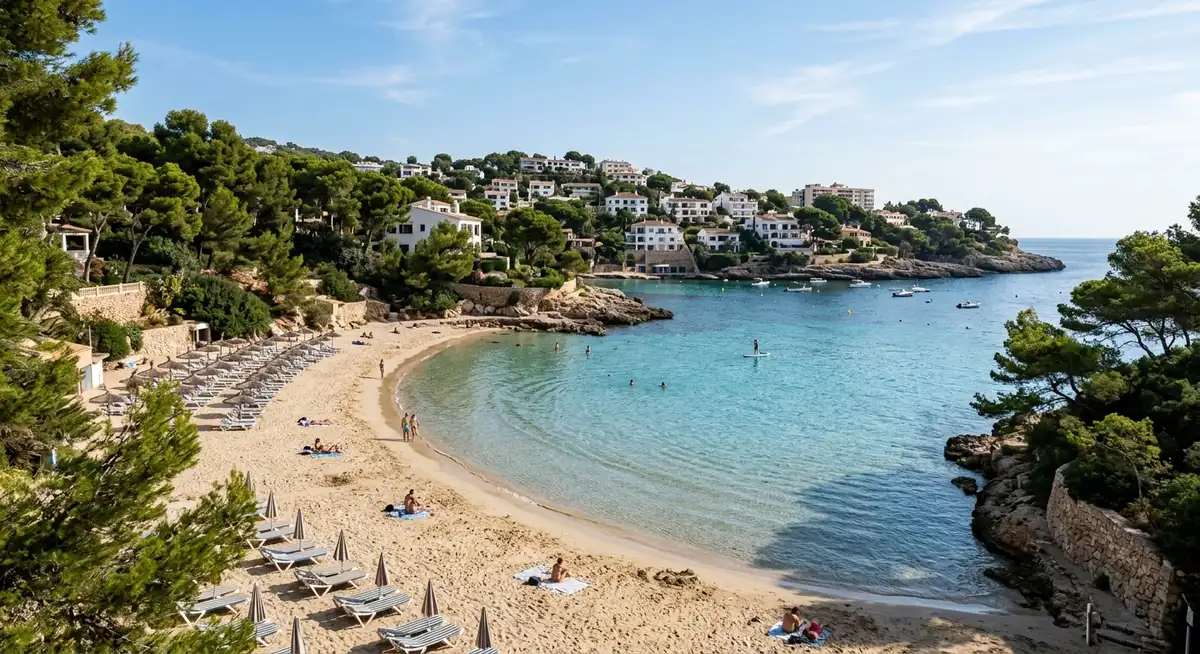 Cala Major beach in Palma with a small sandy cove, calm Mediterranean water, and apartment buildings behind