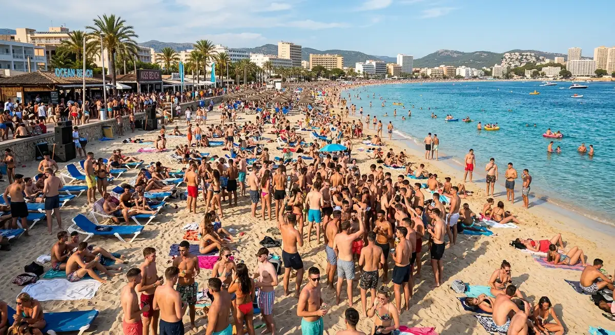 Magaluf in Mallorca with a long sandy beach, beach bars with music playing, and a young crowd in the afternoon