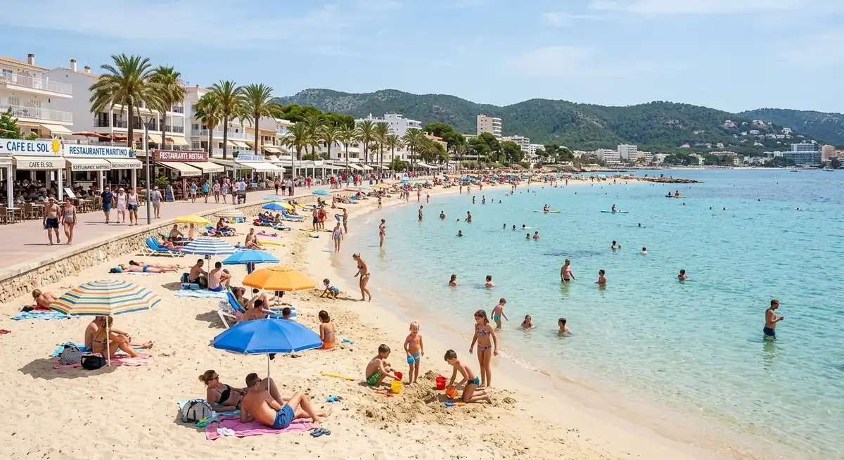 Palma Nova with a wide sandy beach, calm water, families on the sand, and a promenade with restaurants behind