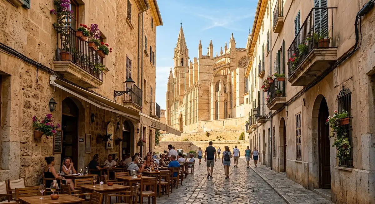 Palma Old Town with the Gothic cathedral La Seu rising above narrow medieval streets and limestone buildings