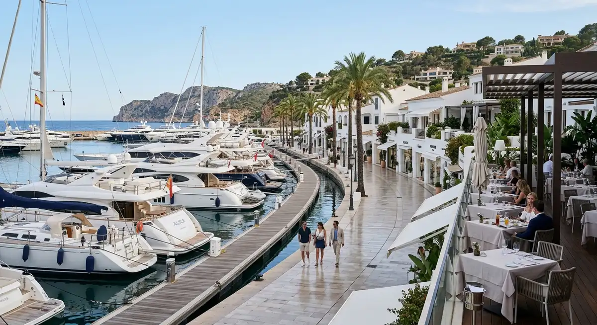 Portals Nous marina in Mallorca with luxury yachts, designer boutiques, and an upscale restaurant terrace
