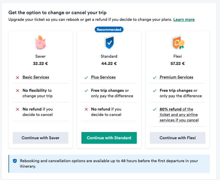 Kiwi.com’s types of flexible flight tickets