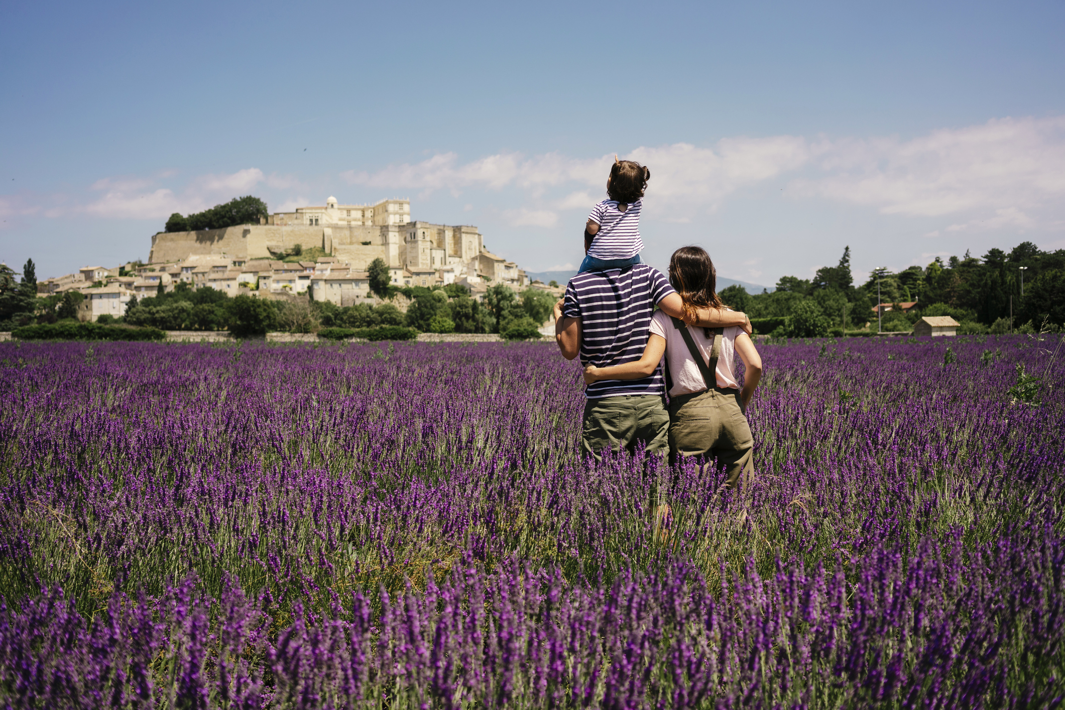 Young parents with baby girl on father’s shoulders standing in the lavender field in Grignan, France